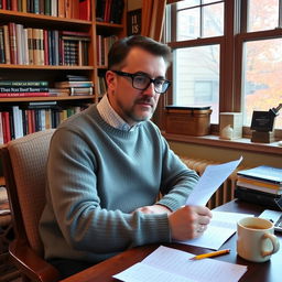 A typical Massachusetts resident, sitting at a cozy desk in a warmly decorated room, taking an IQ test