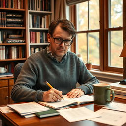 A typical Massachusetts resident, sitting at a cozy desk in a warmly decorated room, taking an IQ test