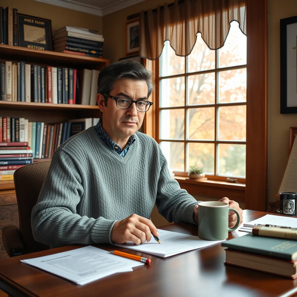 A typical Massachusetts resident, sitting at a cozy desk in a warmly decorated room, taking an IQ test