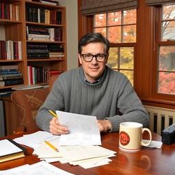 A typical Massachusetts resident, sitting at a cozy desk in a warmly decorated room, taking an IQ test