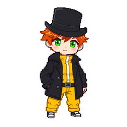 A ginger-haired boy, aged 16, illustrated in a charming chibi pixel art style