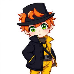 A ginger-haired boy, aged 16, illustrated in a charming chibi pixel art style