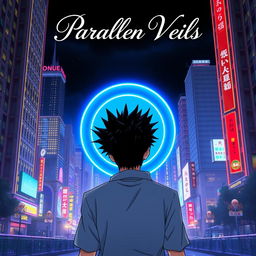 A man with striking black spiky hair is depicted walking towards a circular blue portal, viewed from behind