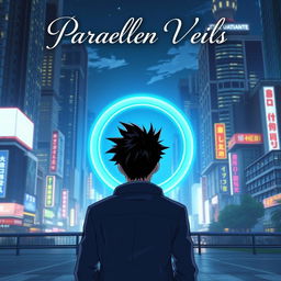 A man with striking black spiky hair is depicted walking towards a circular blue portal, viewed from behind