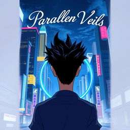 A man with striking black spiky hair is depicted walking towards a circular blue portal, viewed from behind