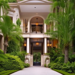 exquisite second-floor hallway leading out to exterior of mansion