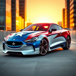 A sleek and stylish car designed with Captain America's iconic colors and motifs