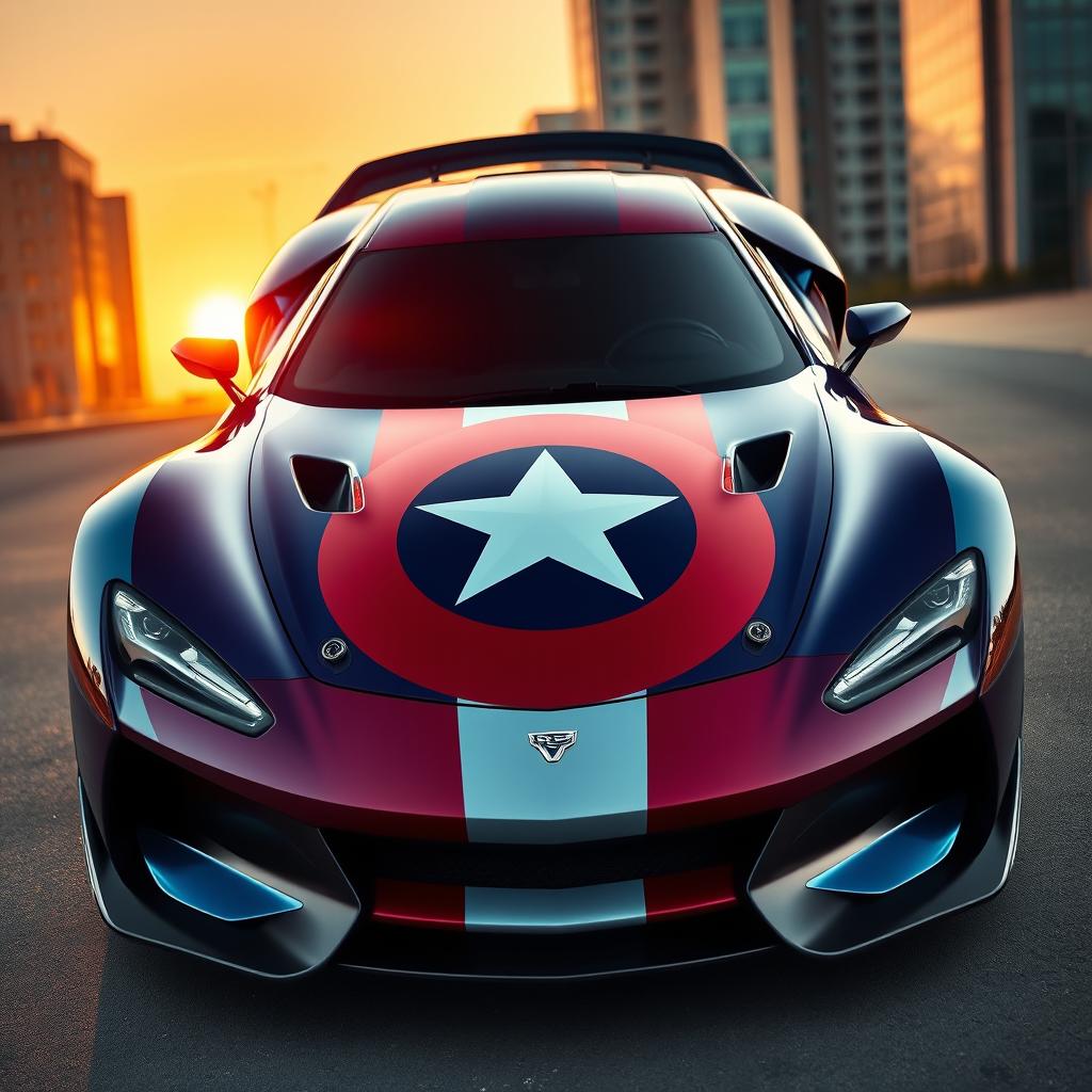 A sleek and stylish car designed with Captain America's iconic colors and motifs