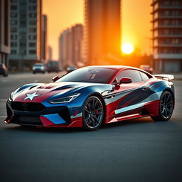 A sleek and stylish car designed with Captain America's iconic colors and motifs