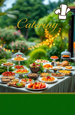 A vibrant and elegant book cover for a catering company, featuring a beautifully arranged table set with a variety of gourmet dishes, including colorful appetizers, main courses, and desserts