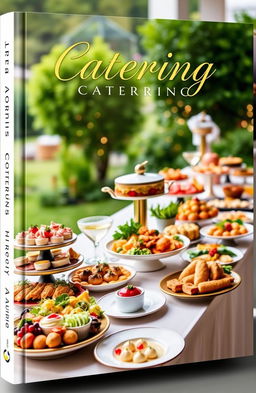 A vibrant and elegant book cover for a catering company, featuring a beautifully arranged table set with a variety of gourmet dishes, including colorful appetizers, main courses, and desserts