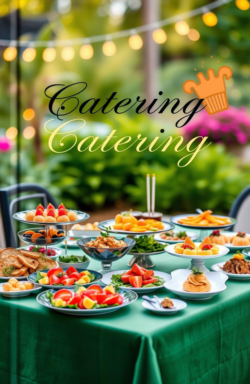 A vibrant and elegant book cover for a catering company, featuring a beautifully arranged table set with a variety of gourmet dishes, including colorful appetizers, main courses, and desserts