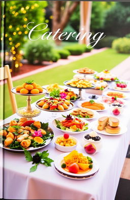 A vibrant and elegant book cover for a catering company, featuring a beautifully arranged table set with a variety of gourmet dishes, including colorful appetizers, main courses, and desserts