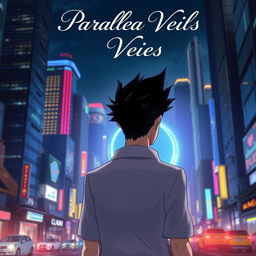 A man with striking black spiky hair is illustrated walking towards a glowing circular blue portal, viewed from behind