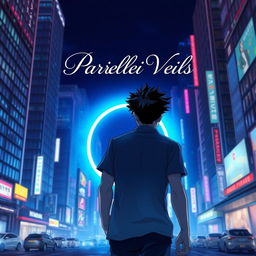 A man with striking black spiky hair is illustrated walking towards a glowing circular blue portal, viewed from behind