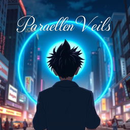 A man with striking black spiky hair is shown walking towards a glowing circular blue portal, captured from behind