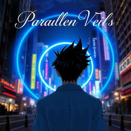 A man with striking black spiky hair is shown walking towards a glowing circular blue portal, captured from behind