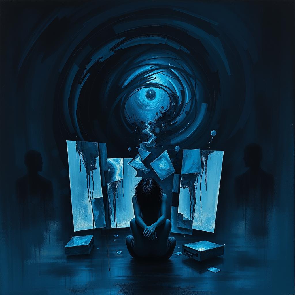 An abstract representation of depression, featuring a dark, swirling vortex of deep blues and blacks that conveys a sense of heaviness and despair