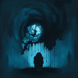 An abstract representation of depression, featuring a dark, swirling vortex of deep blues and blacks that conveys a sense of heaviness and despair