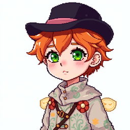A ginger-haired boy, aged 16, portrayed in an enchanting chibi pixel art style