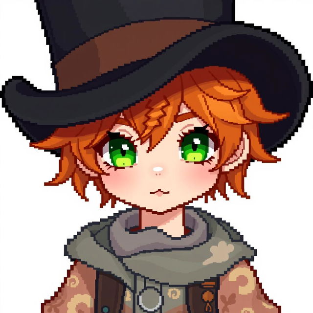 A ginger-haired boy, aged 16, portrayed in an enchanting chibi pixel art style