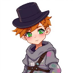A ginger-haired boy, aged 16, portrayed in an enchanting chibi pixel art style