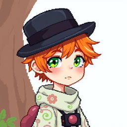 A ginger-haired boy, aged 16, portrayed in an enchanting chibi pixel art style