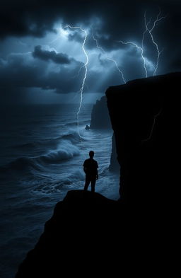 A hauntingly beautiful representation of 'the darkness within', featuring a silhouette of a person standing at the edge of a cliff overlooking a turbulent ocean under a stormy sky