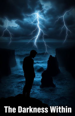 A hauntingly beautiful representation of 'the darkness within', featuring a silhouette of a person standing at the edge of a cliff overlooking a turbulent ocean under a stormy sky