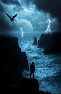 A hauntingly beautiful representation of 'the darkness within', featuring a silhouette of a person standing at the edge of a cliff overlooking a turbulent ocean under a stormy sky