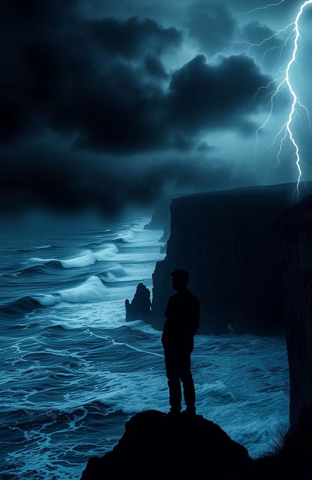 A hauntingly beautiful representation of 'the darkness within', featuring a silhouette of a person standing at the edge of a cliff overlooking a turbulent ocean under a stormy sky