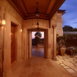 exquisite second-floor hallway leading out to exterior of mansion