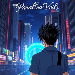 A man with striking black spiky hair is illustrated walking towards a glowing circular blue portal, viewed from behind