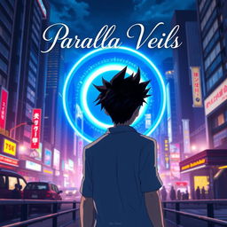 A man with striking black spiky hair is illustrated walking towards a glowing circular blue portal, viewed from behind