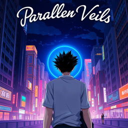 A man with striking black spiky hair is illustrated walking towards a glowing circular blue portal, viewed from behind