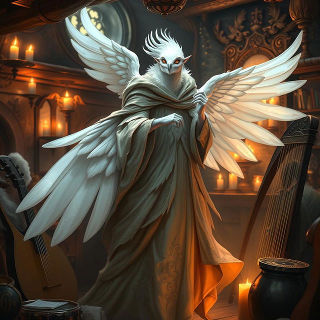 A Dove-humanoid bard gracefully clad in a flowing, intricately designed cloak that billows elegantly as they perform