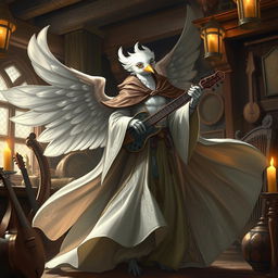 A Dove-humanoid bard gracefully clad in a flowing, intricately designed cloak that billows elegantly as they perform