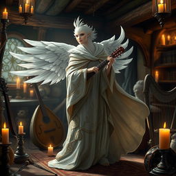 A Dove-humanoid bard gracefully clad in a flowing, intricately designed cloak that billows elegantly as they perform