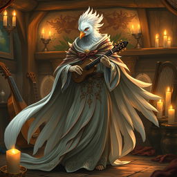 A Dove-humanoid bard gracefully clad in a flowing, intricately designed cloak that billows elegantly as they perform