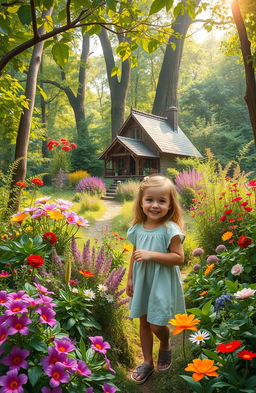 A charming scene of a young girl exploring a vibrant and lush forest filled with colorful flowers, towering trees, and diverse plants