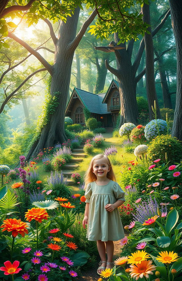 A charming scene of a young girl exploring a vibrant and lush forest filled with colorful flowers, towering trees, and diverse plants