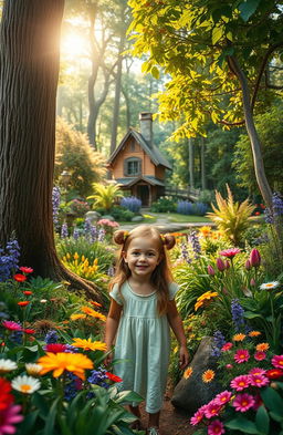 A charming scene of a young girl exploring a vibrant and lush forest filled with colorful flowers, towering trees, and diverse plants