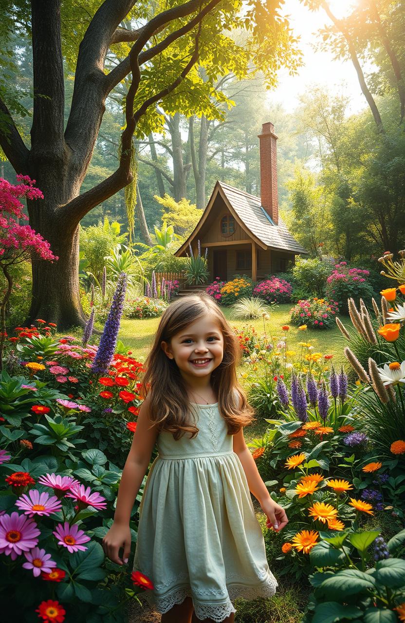 A charming scene of a young girl exploring a vibrant and lush forest filled with colorful flowers, towering trees, and diverse plants