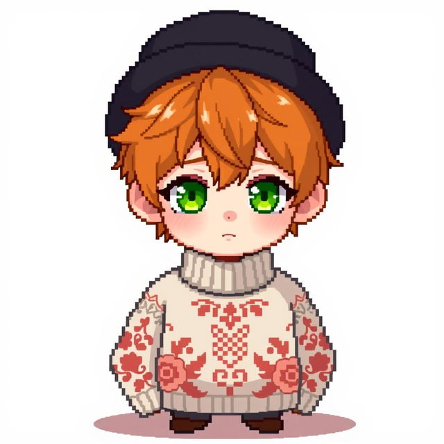 A ginger-haired boy, aged 16, showcased in an adorable chibi pixel art style