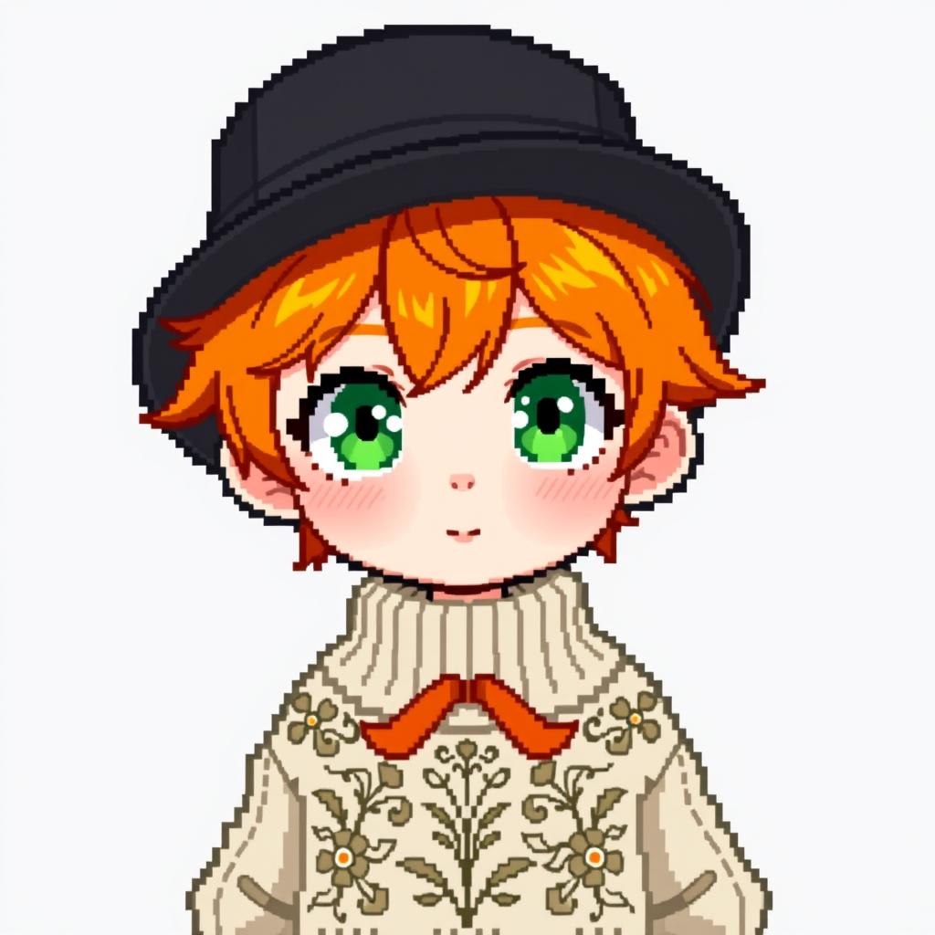 A ginger-haired boy, aged 16, showcased in an adorable chibi pixel art style