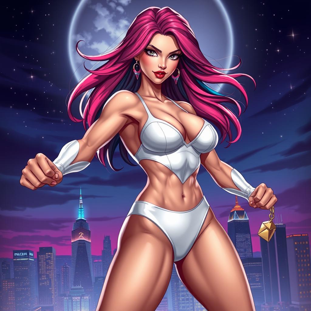 A sexy, slender superheroine wearing white lingerie, striking a strong and confident pose