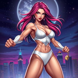 A sexy, slender superheroine wearing white lingerie, striking a strong and confident pose