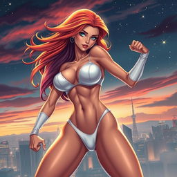 A sexy, slender superheroine wearing white lingerie, striking a strong and confident pose