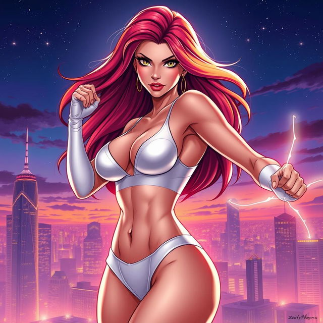 A sexy, slender superheroine wearing white lingerie, striking a strong and confident pose