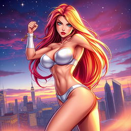 A sexy, slender superheroine wearing white lingerie, striking a strong and confident pose